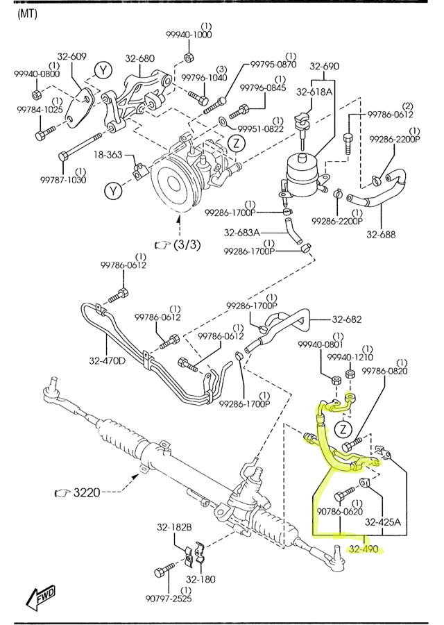 Power Steering Pump to Rack Pressure Hose Factory Used 19992000 NB Ma