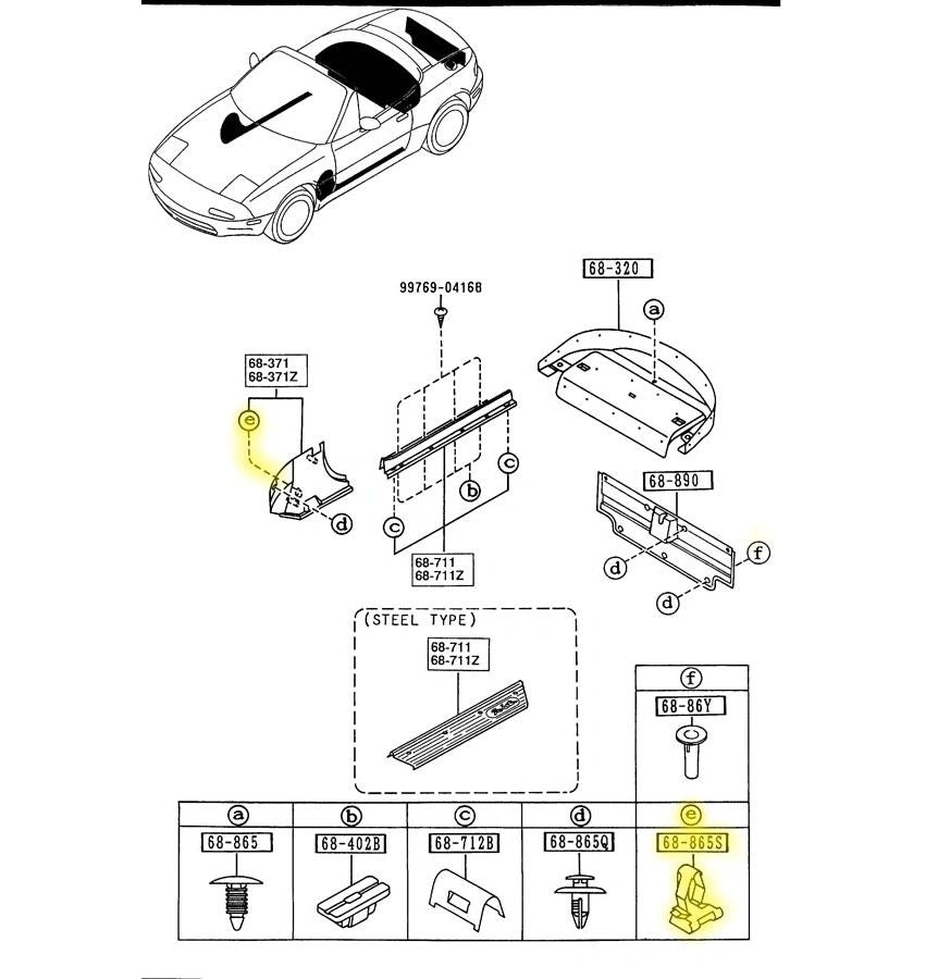 Retaining Clips for Kick Panel, A Pillar, and B Pillar Trim Factory New 1990-2005 NA and NB Mazda Miata